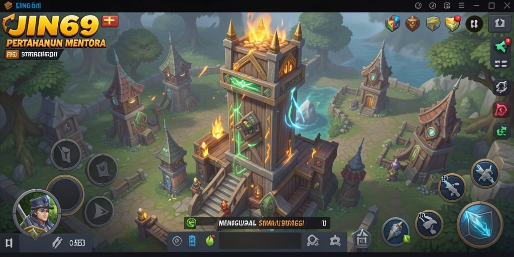 Gameplay JIN69 yang menantang dalam pertahanan menara.